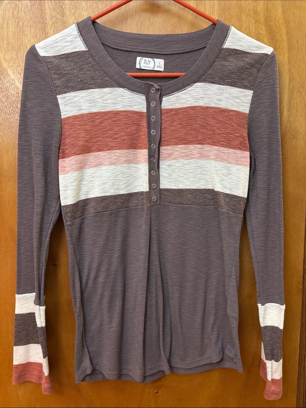 Striped Henley Long Sleeve Top in Brown & Rust